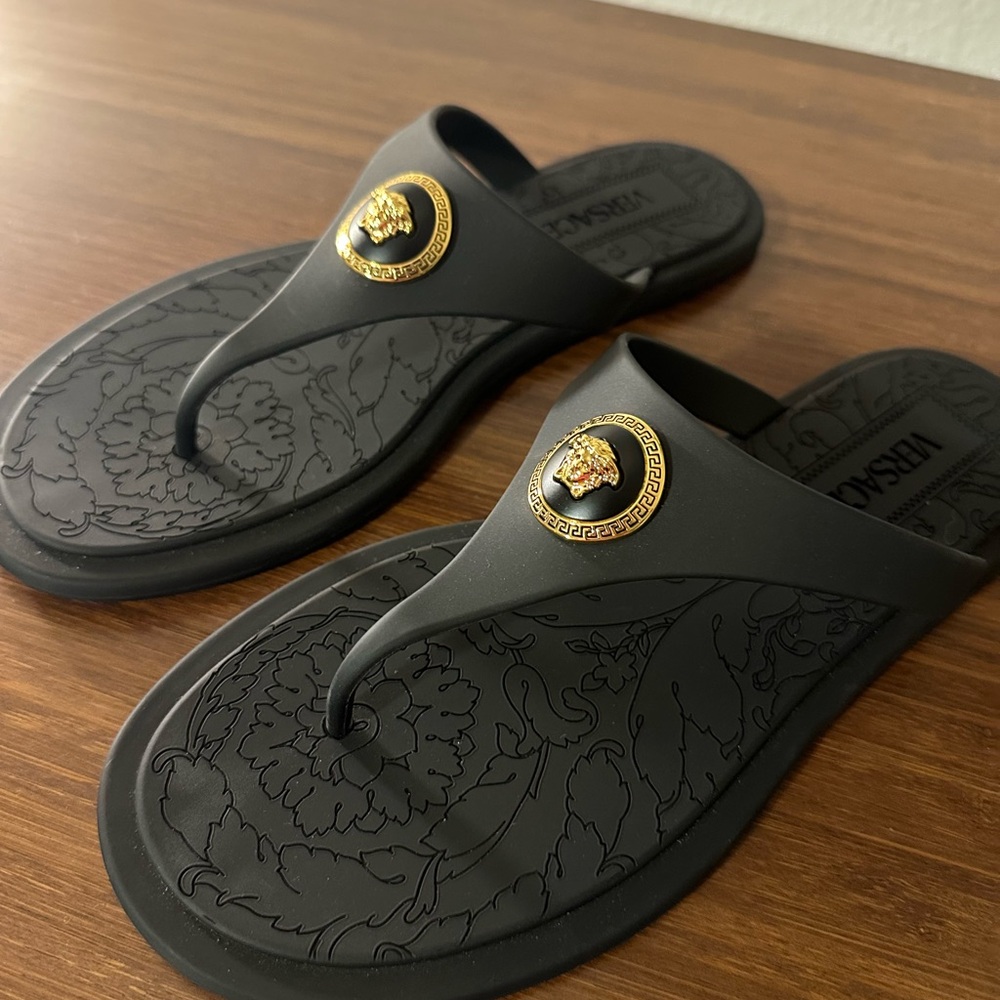 Versace Men's Black Sandals with Gold Medusa